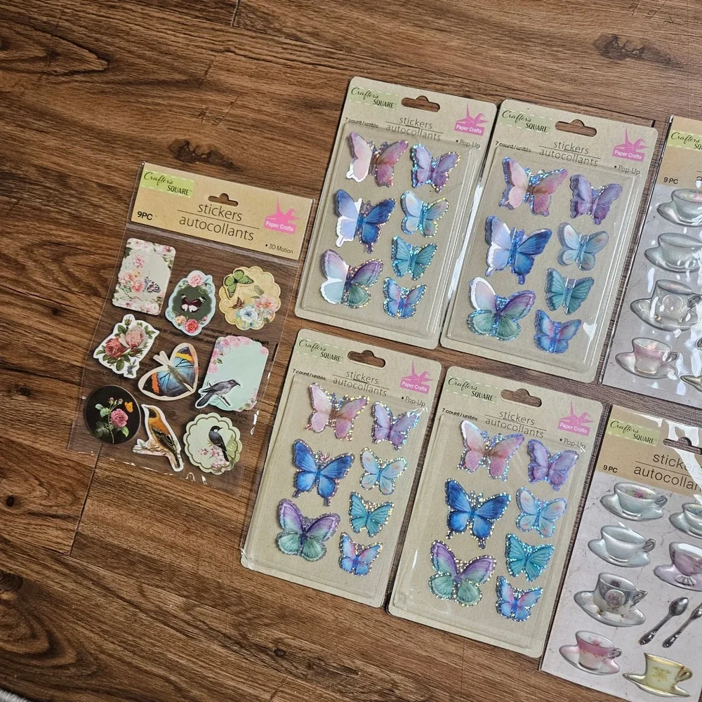 Lot of 9 Crafters Square Stickers Butterflies Teacups 3D Motion Puffy Pop-Up
